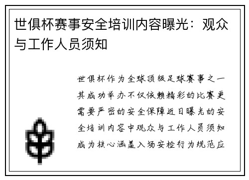 世俱杯赛事安全培训内容曝光：观众与工作人员须知